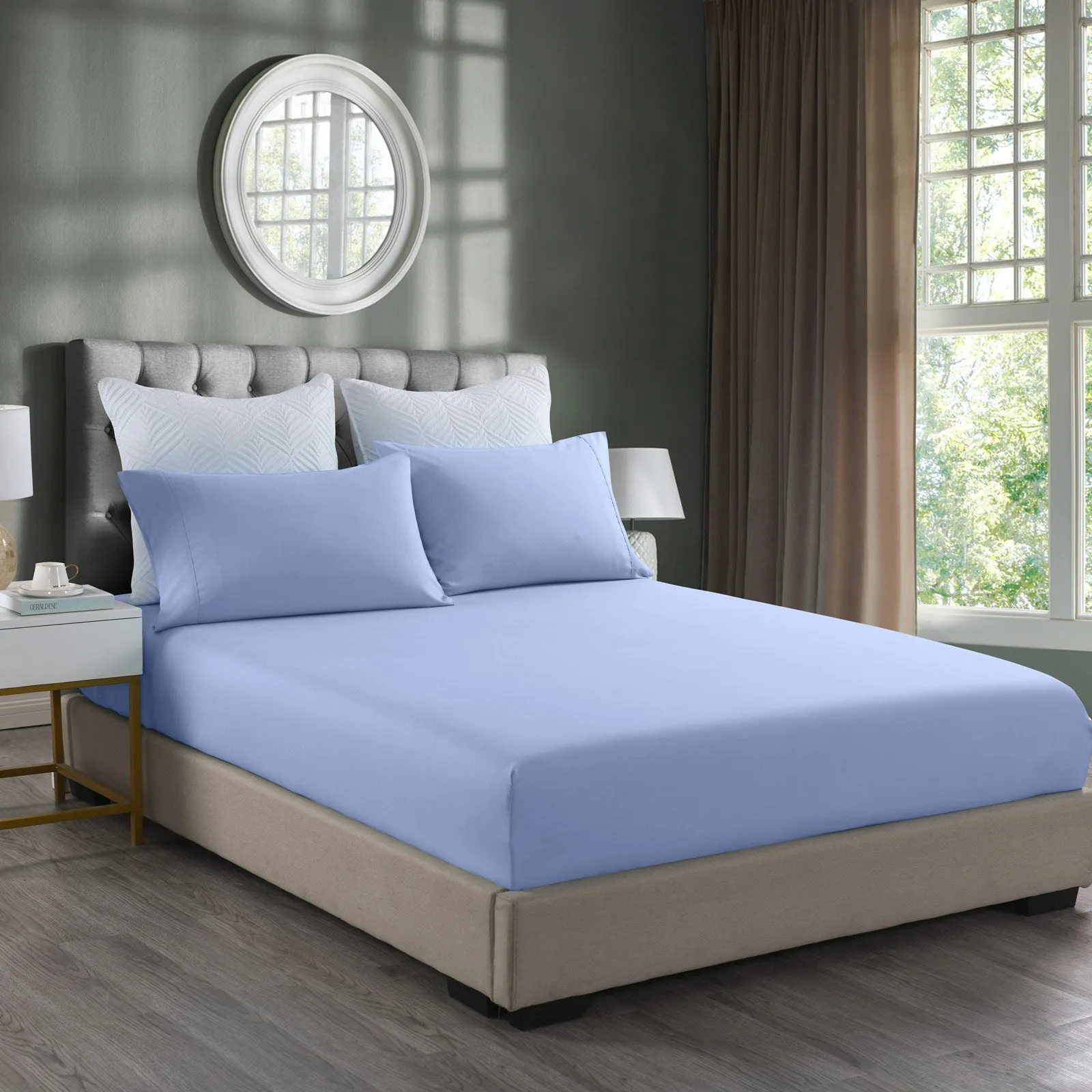 2000TC 3 Piece Fitted Sheet Set | Bamboo Cooling | Double | Light Blue & Pillowcase