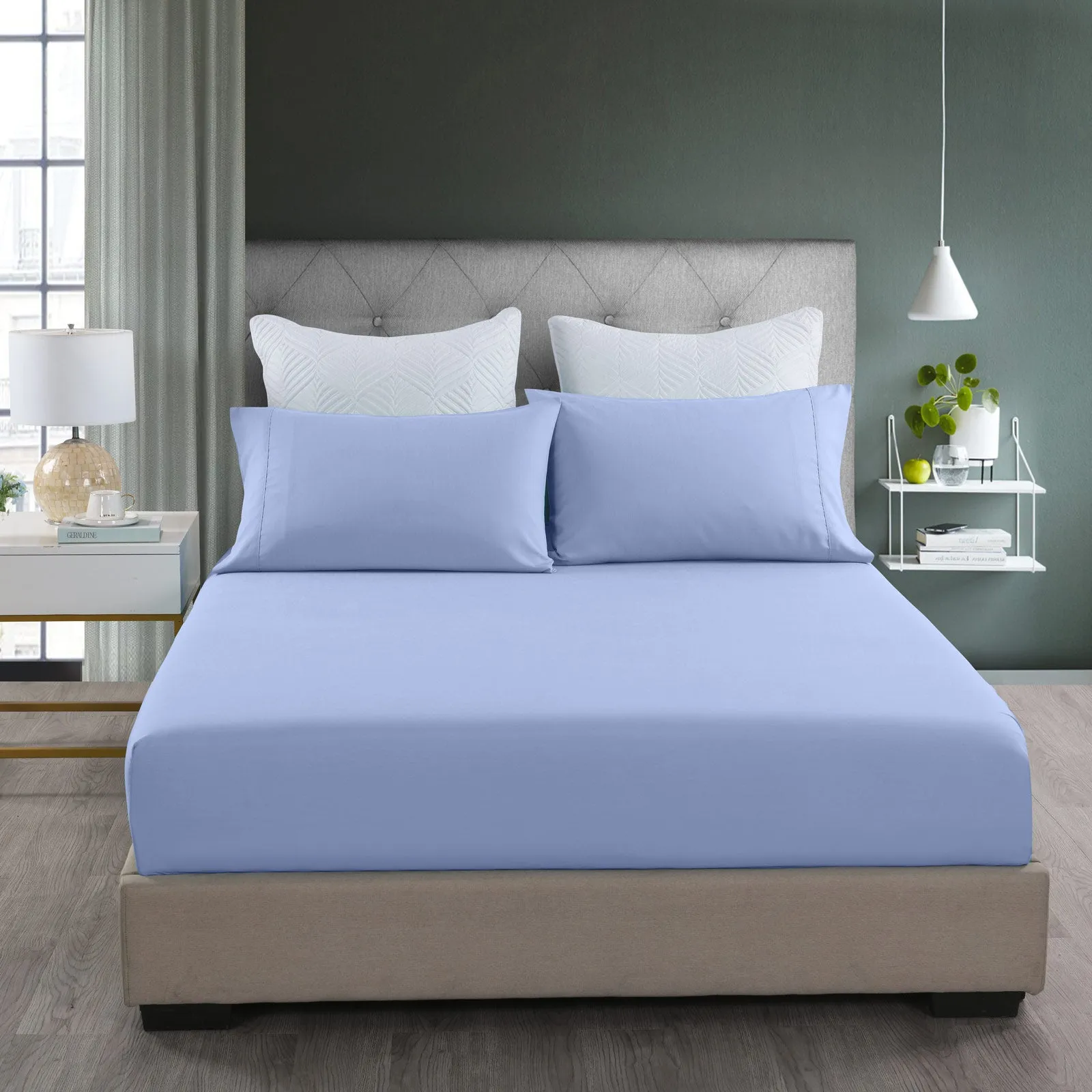 2000TC 3 Piece Fitted Sheet Set | Bamboo Cooling | Double | Light Blue & Pillowcase