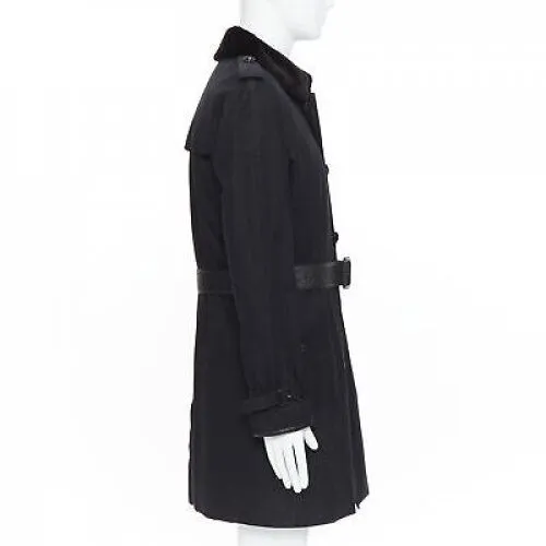 BURBERRY PRORSUM black cotton removable rabbit fur lining ostrich belt trench L