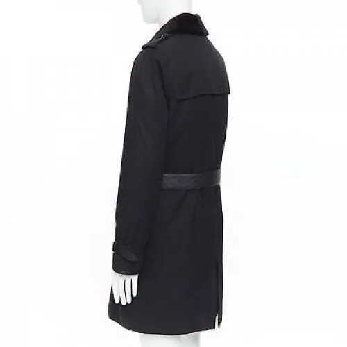 BURBERRY PRORSUM black cotton removable rabbit fur lining ostrich belt trench L