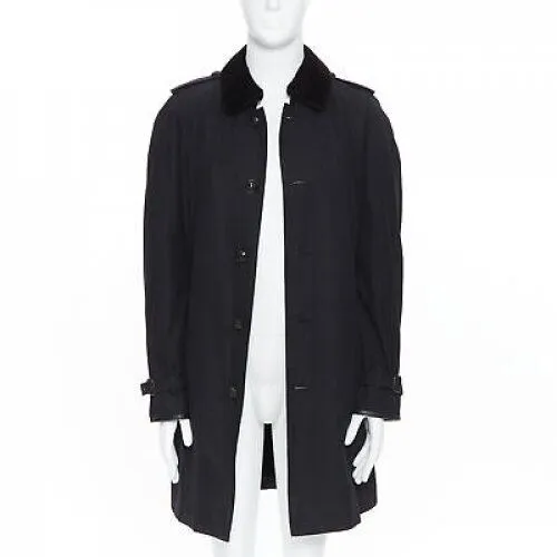 BURBERRY PRORSUM black cotton removable rabbit fur lining ostrich belt trench L