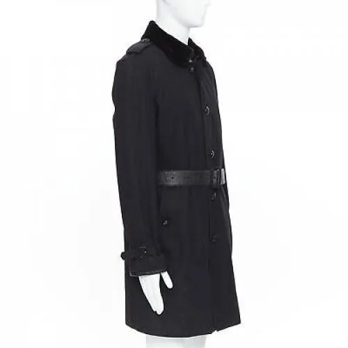 BURBERRY PRORSUM black cotton removable rabbit fur lining ostrich belt trench L