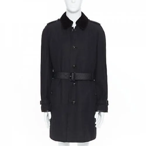 BURBERRY PRORSUM black cotton removable rabbit fur lining ostrich belt trench L