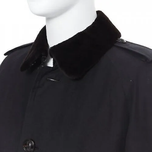 BURBERRY PRORSUM black cotton removable rabbit fur lining ostrich belt trench L
