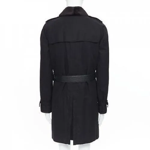 BURBERRY PRORSUM black cotton removable rabbit fur lining ostrich belt trench L