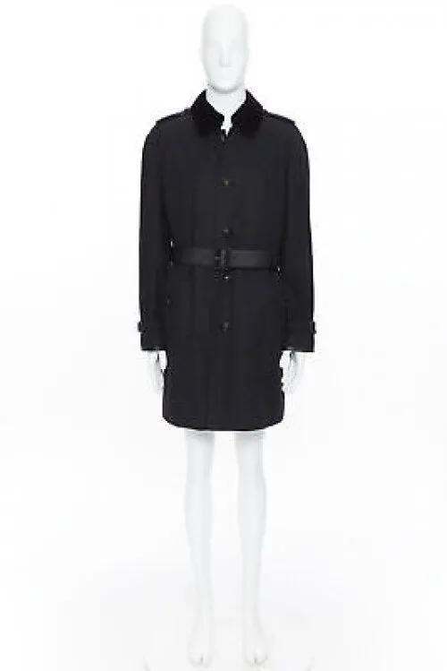 BURBERRY PRORSUM black cotton removable rabbit fur lining ostrich belt trench L
