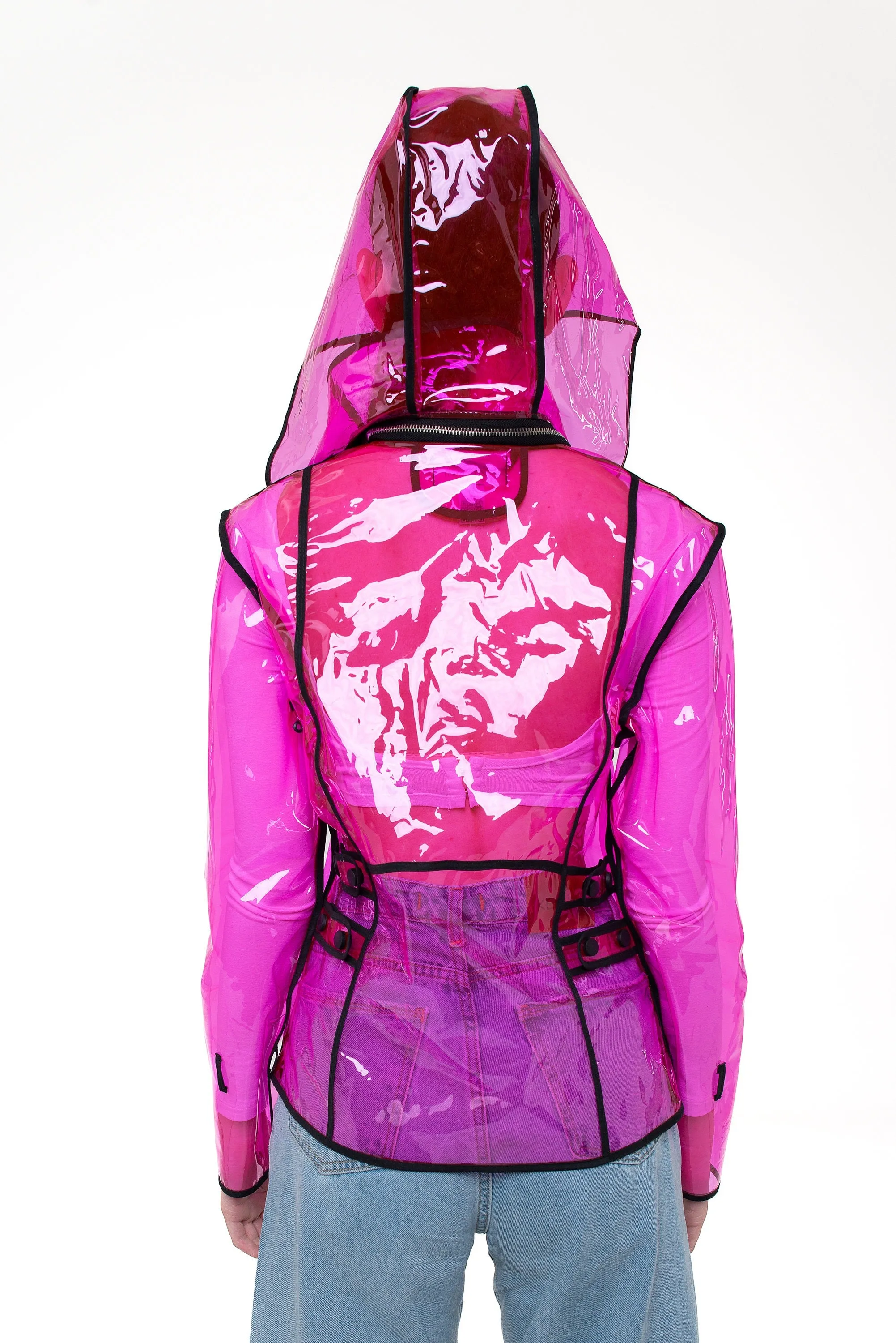 Ladies Bright Vinyl Transparent Biker Jacket with removeble hood.  Stylish Rain Jacket ! Wind resistant clothing. Unique festival design.