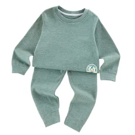 Little Surprise Box , Stripes Dark Green Round Neck Upper & Lower Body Thermal Winter Warmers For Kids-Set Of 2 Pcs