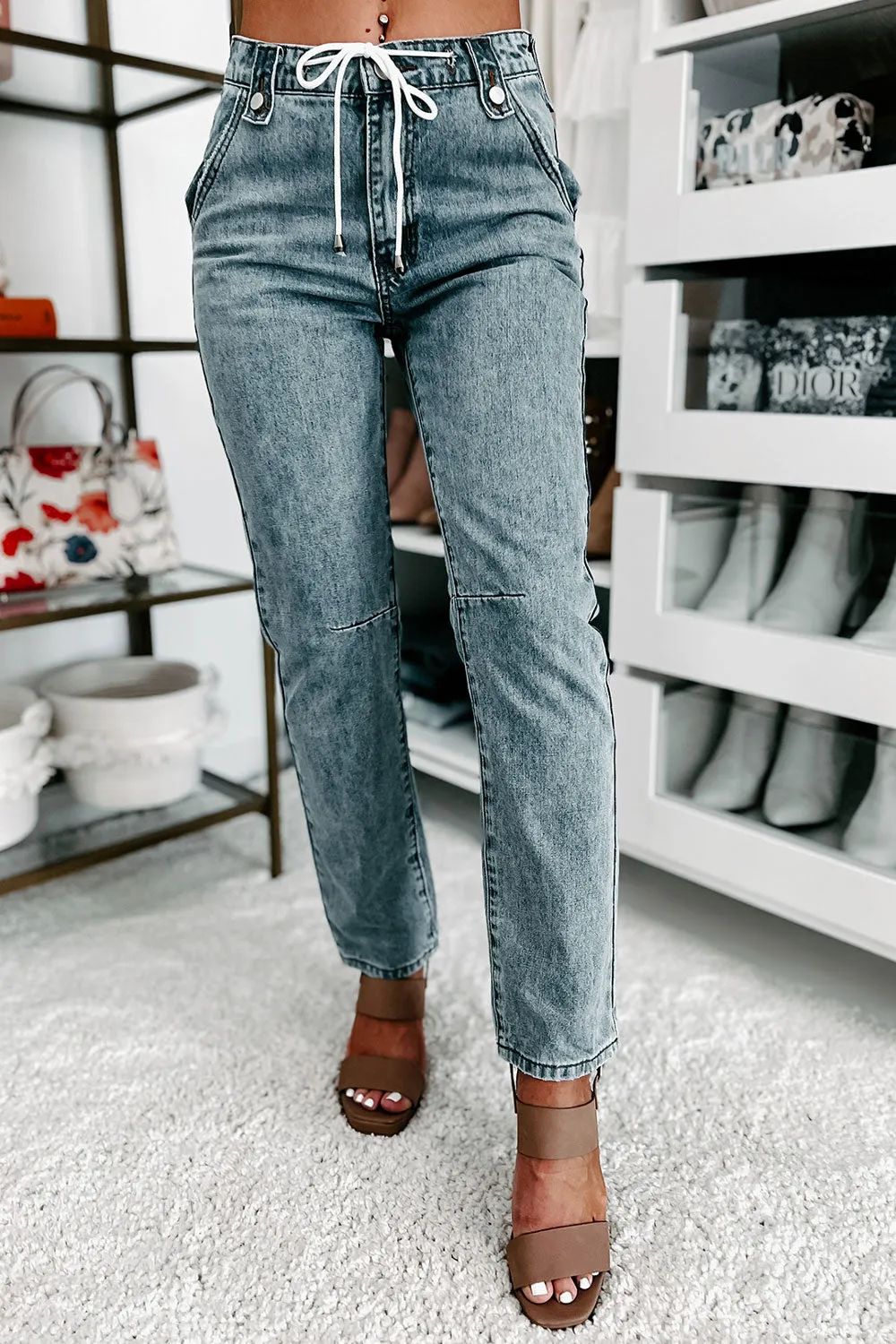 Pulling You Closer Drawstring Waist Mom Jeans (Light)