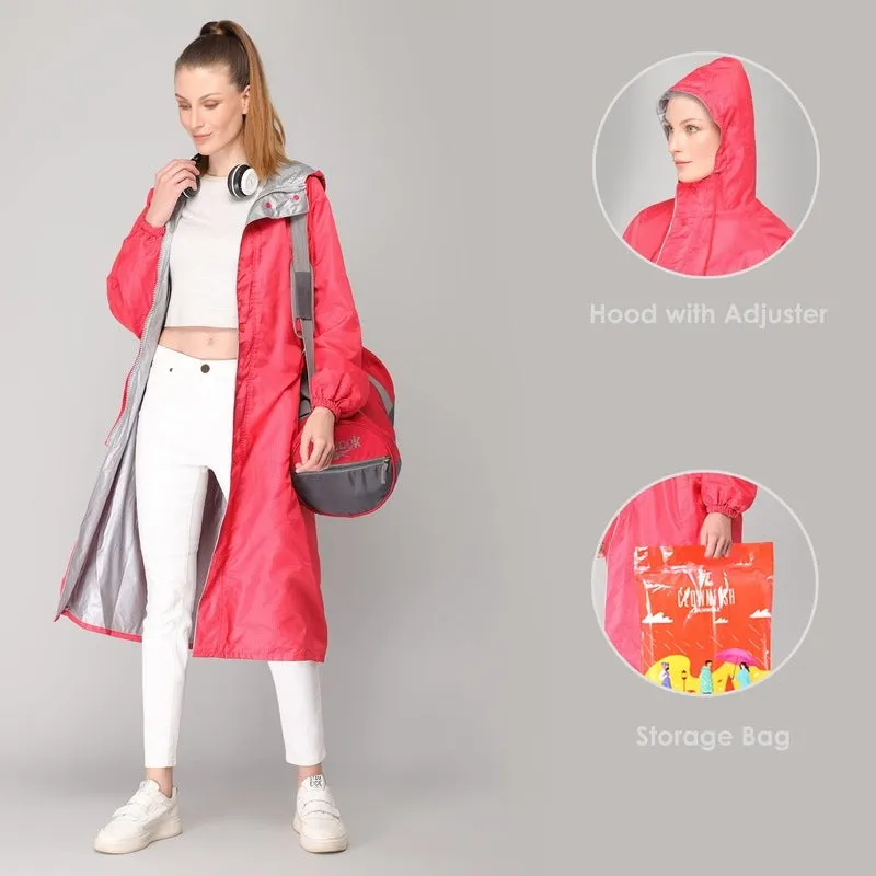 THE CLOWNFISH Aster Pro Series Womens Waterproof PVC Transparent Self Design Longcoat/Raincoat with Adjustable Hood (Pink, X-Large)