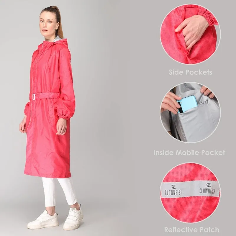 THE CLOWNFISH Aster Pro Series Womens Waterproof PVC Transparent Self Design Longcoat/Raincoat with Adjustable Hood (Pink, X-Large)
