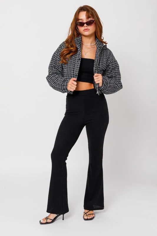 Tweed Cropped Long Sleeve Fitted Chic Puffer Jacket
