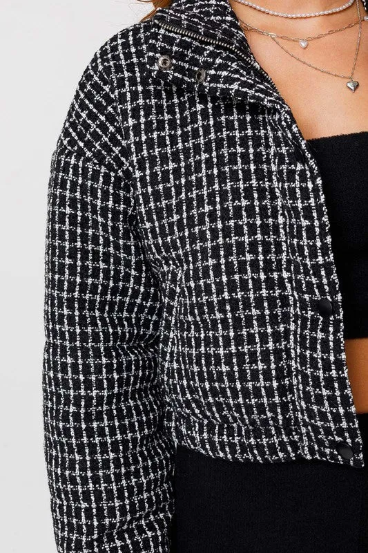 Tweed Cropped Long Sleeve Fitted Chic Puffer Jacket