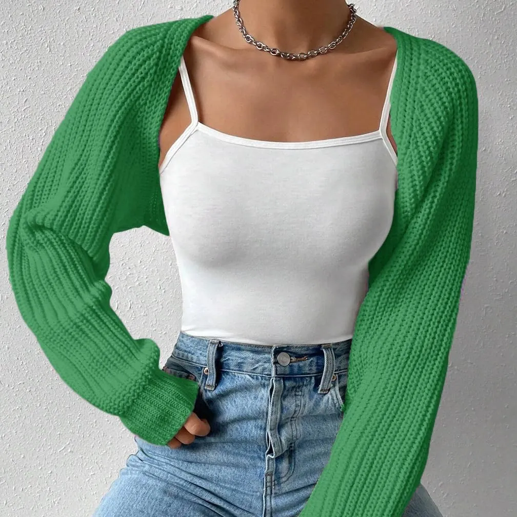 Women Open Front Ribbed Knit Crop Bolero Drop Shoulder Long Sleeve Solid Loose Fit Knitted Crop Cardigan Shrug