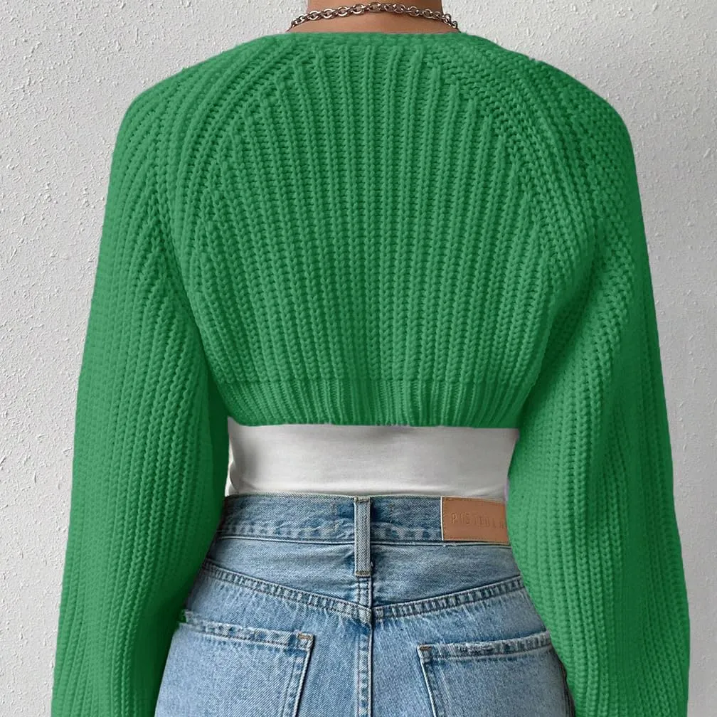 Women Open Front Ribbed Knit Crop Bolero Drop Shoulder Long Sleeve Solid Loose Fit Knitted Crop Cardigan Shrug