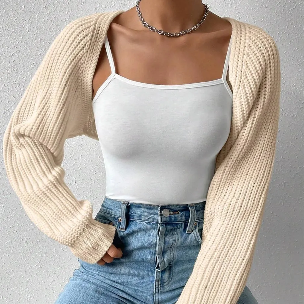 Women Open Front Ribbed Knit Crop Bolero Drop Shoulder Long Sleeve Solid Loose Fit Knitted Crop Cardigan Shrug