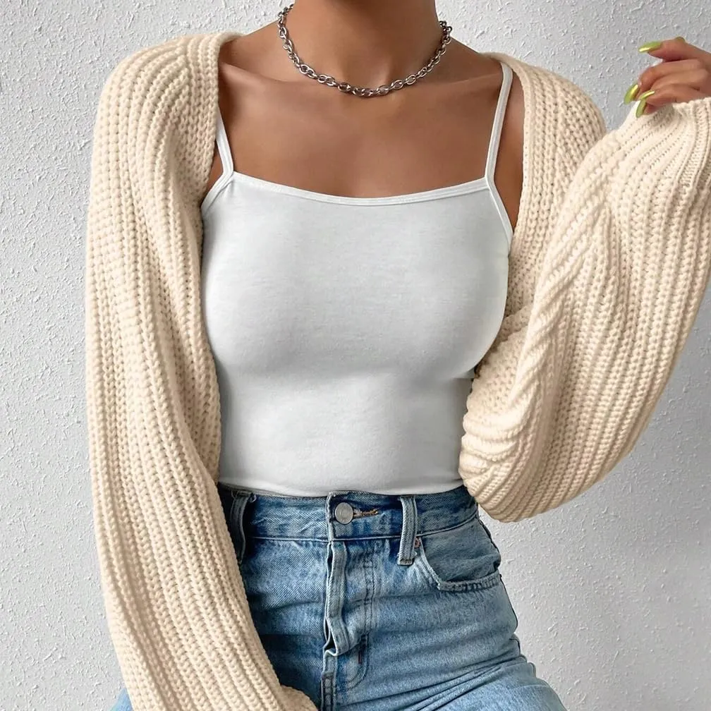 Women Open Front Ribbed Knit Crop Bolero Drop Shoulder Long Sleeve Solid Loose Fit Knitted Crop Cardigan Shrug