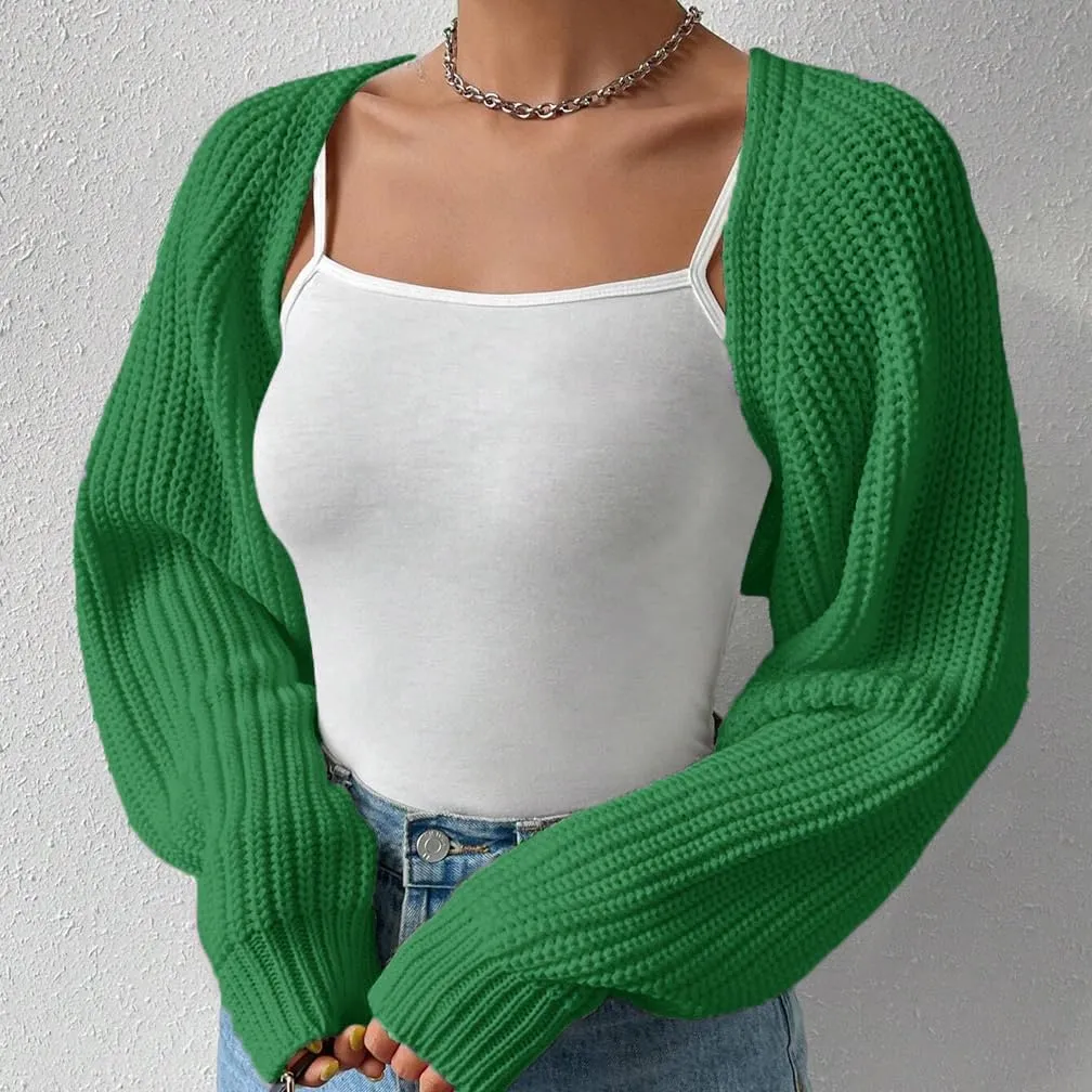 Women Open Front Ribbed Knit Crop Bolero Drop Shoulder Long Sleeve Solid Loose Fit Knitted Crop Cardigan Shrug