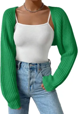Women Open Front Ribbed Knit Crop Bolero Drop Shoulder Long Sleeve Solid Loose Fit Knitted Crop Cardigan Shrug