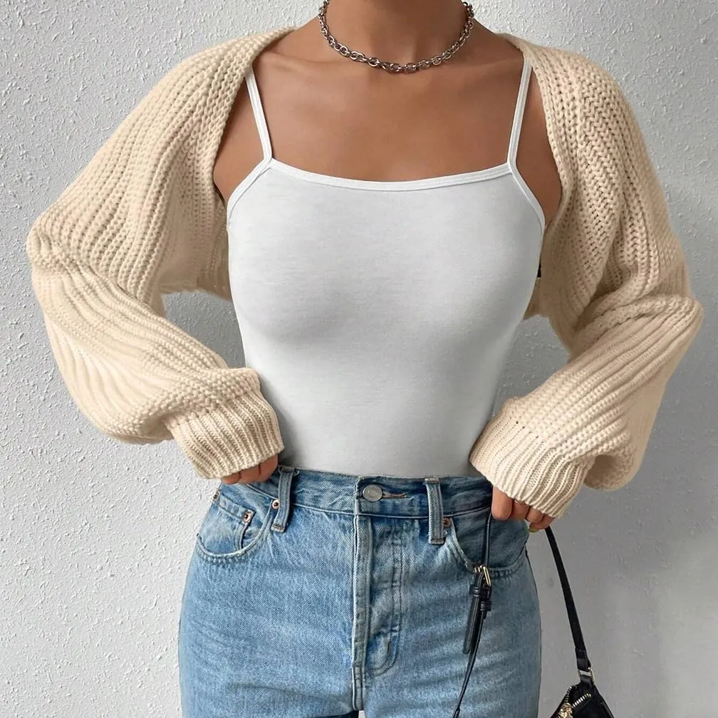 Women Open Front Ribbed Knit Crop Bolero Drop Shoulder Long Sleeve Solid Loose Fit Knitted Crop Cardigan Shrug