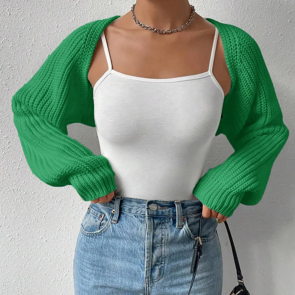 Women Open Front Ribbed Knit Crop Bolero Drop Shoulder Long Sleeve Solid Loose Fit Knitted Crop Cardigan Shrug