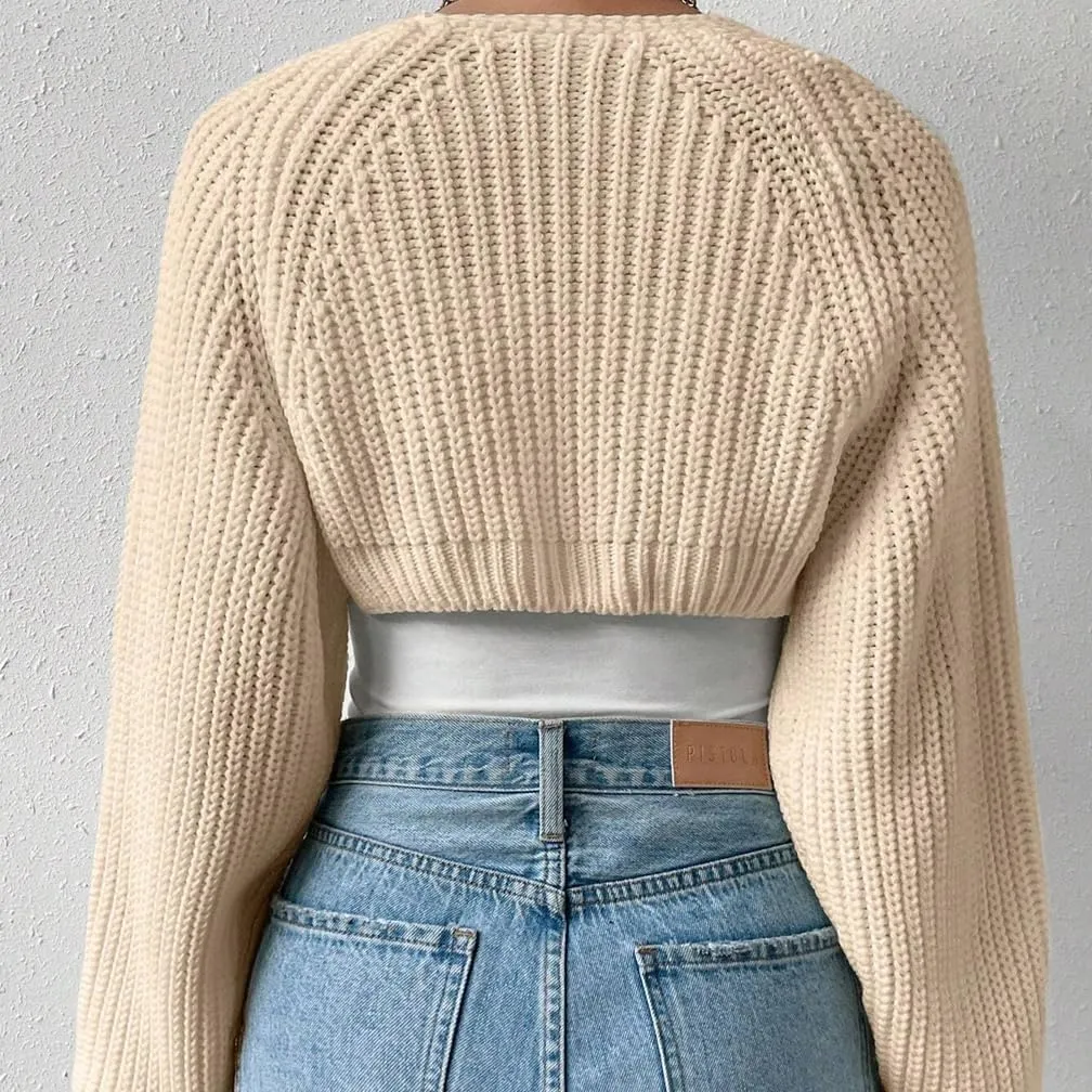 Women Open Front Ribbed Knit Crop Bolero Drop Shoulder Long Sleeve Solid Loose Fit Knitted Crop Cardigan Shrug