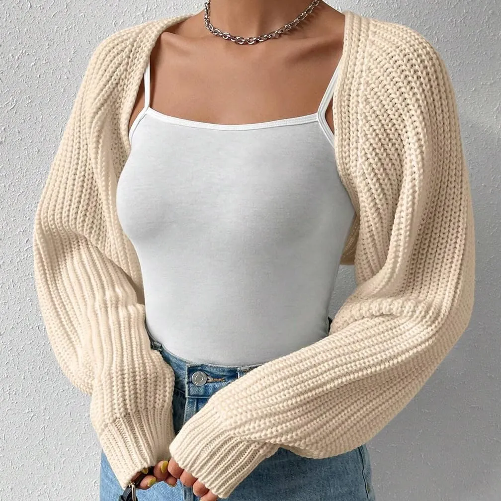 Women Open Front Ribbed Knit Crop Bolero Drop Shoulder Long Sleeve Solid Loose Fit Knitted Crop Cardigan Shrug