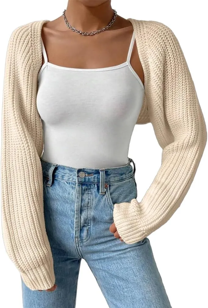 Women Open Front Ribbed Knit Crop Bolero Drop Shoulder Long Sleeve Solid Loose Fit Knitted Crop Cardigan Shrug