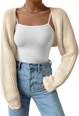 Women Open Front Ribbed Knit Crop Bolero Drop Shoulder Long Sleeve Solid Loose Fit Knitted Crop Cardigan Shrug